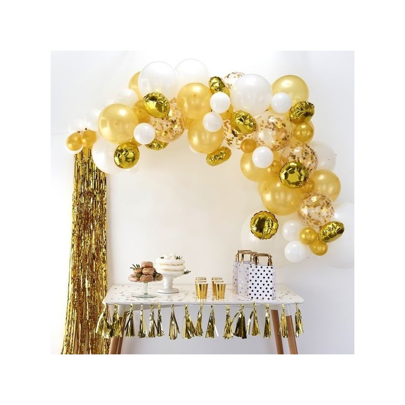 Kit arche ballon anniversaire, 129 arche a ballon blanc et or