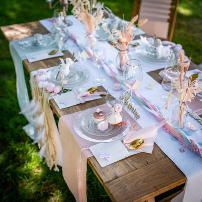 Chemins de table en gaze Ensembles de 3 - Disponible en Rose Blush, Gris,  Bourgogne, et Bleu