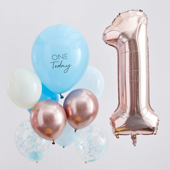 Ballons anniversaire 1 an Rose Gold, Bleu et Chiffre 1