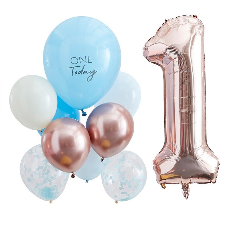 10 ballons anniversaire 1an bleu, rose gold, chiffre 1 - MODERN CONFETTI