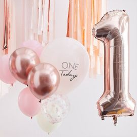 10 ballons anniversaire 1 an rose, rose gold, chiffre 1