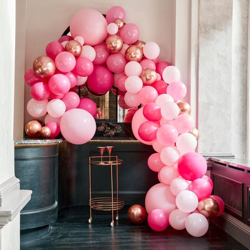 Decoration bapteme fille arche ballons anniversaire rose gold