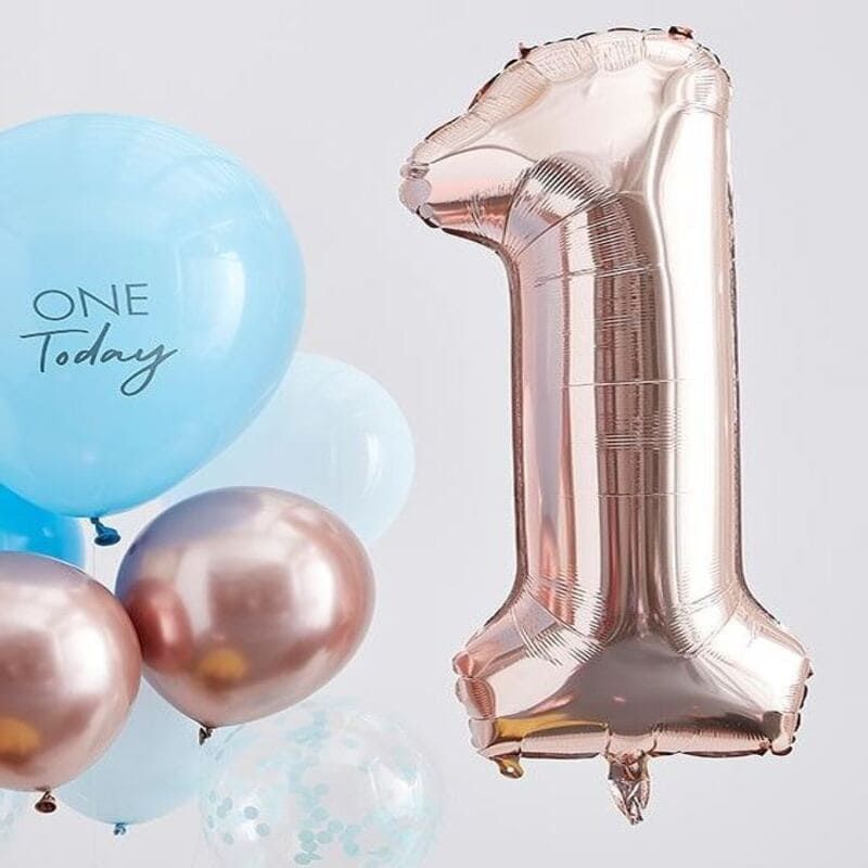 10 ballons anniversaire 1 an rose, rose gold, chiffre 1 - MODERN CONFETTI