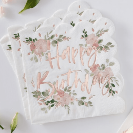 Serviettes joyeux anniversaire fleuris rose gold