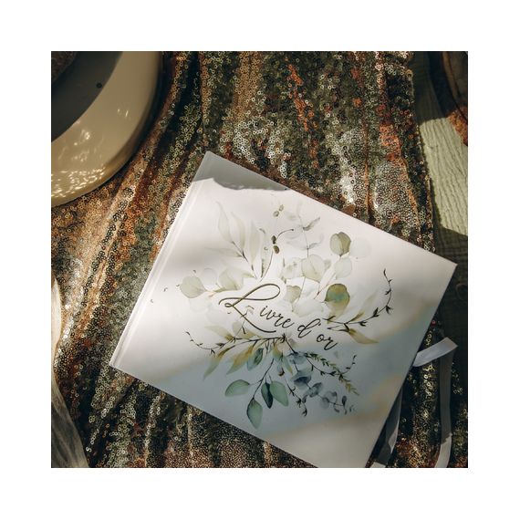 Livre d'or avec motif eucalyptus sauge, blanc et or