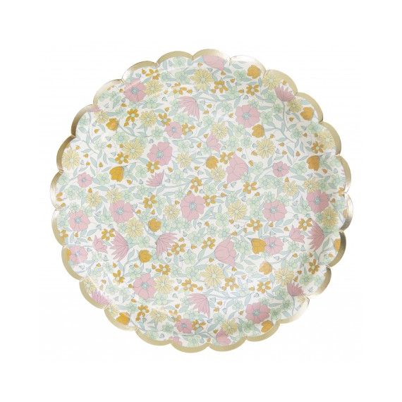 Assiettes liberty fleurs rose, jaune et or x8