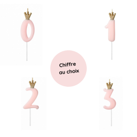 Bougie chiffre rose clair avec couronne or
