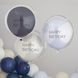 Ballons Happy Birthday bleu et transparent à double paroi x3
