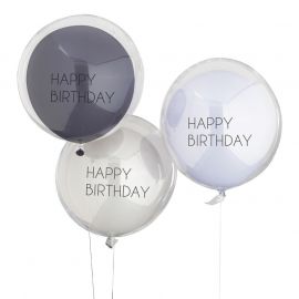 Ballons Happy Birthday bleu et transparent à double paroi x3