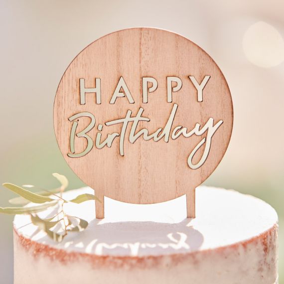 Cake topper Happy Birthday rond en bois - Gateau anniversaire