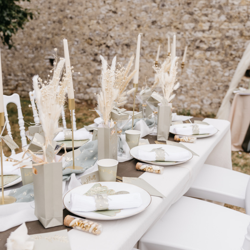 Assiettes en carton sauge et doré pour deco de table fêtes