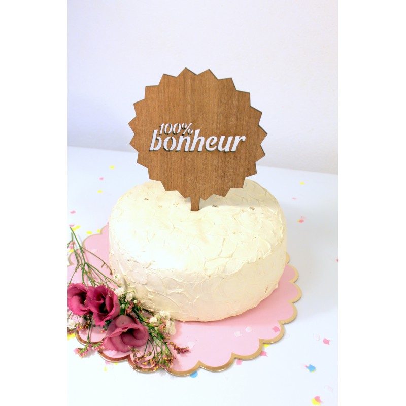 Cake Topper Joyeux Anniversaire dans un cercle, en bois Exotique Foncé ou  Clair