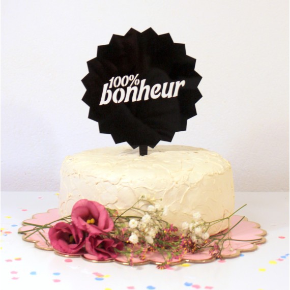 Cake topper 100% Bonheur plexi noir